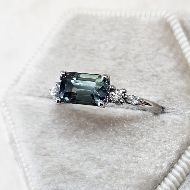 Emerald cut teal sapphire and diamond 5 stone ring — 3