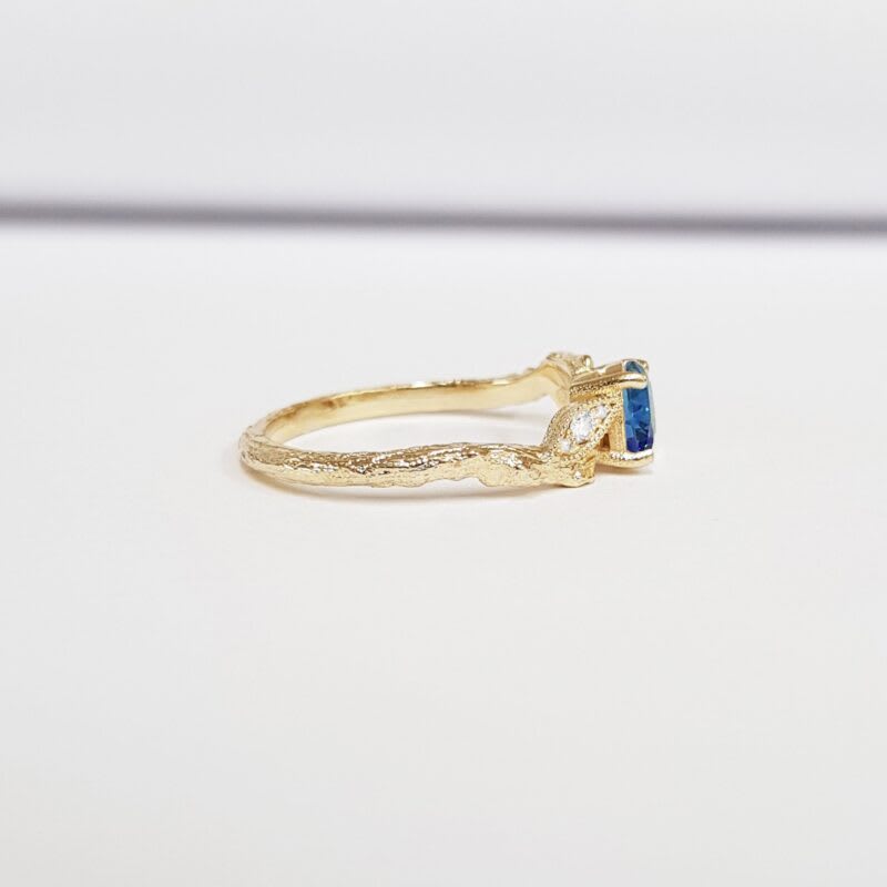 Lab blue sapphire and diamond nature engagement ring — 2