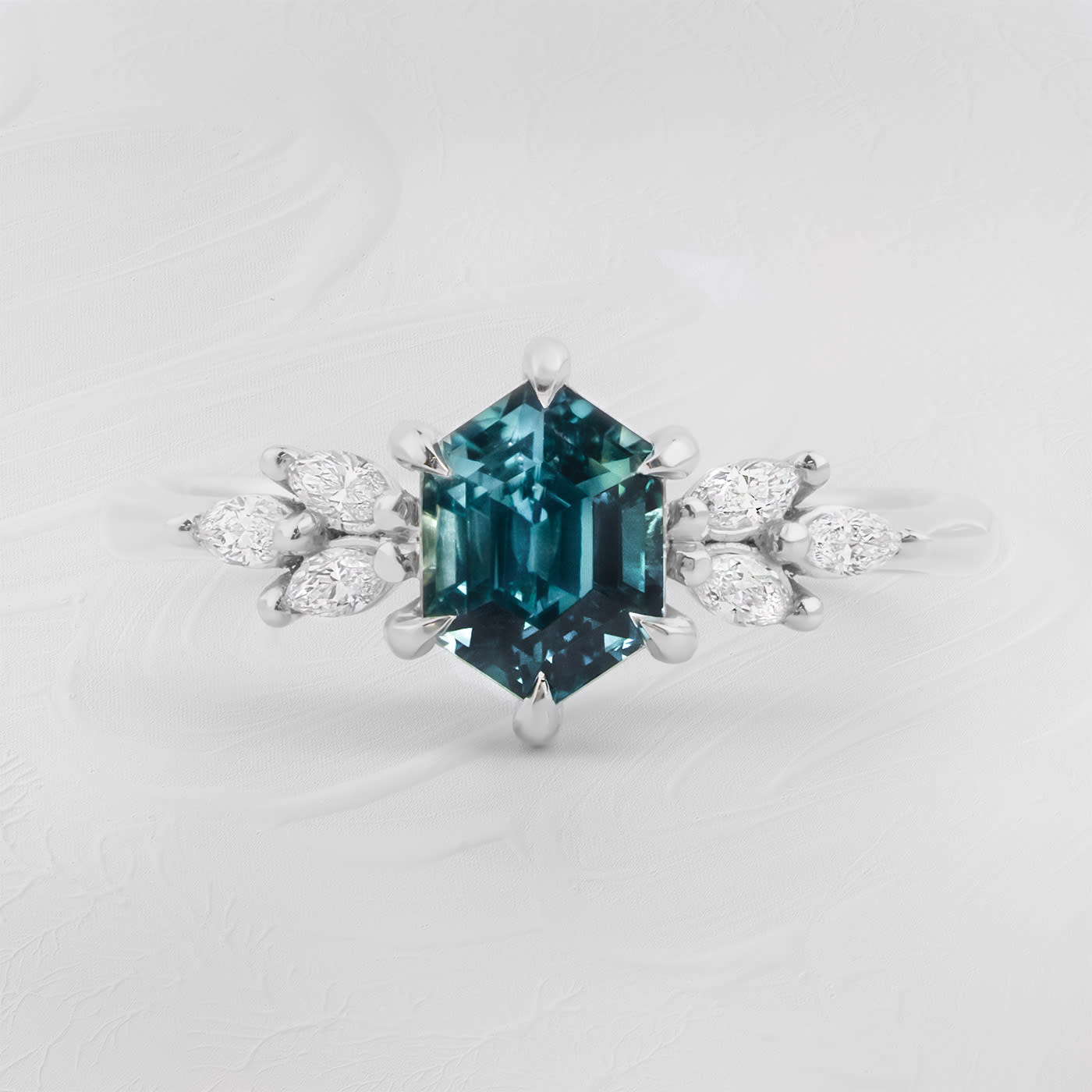 Hexagon teal sapphire and diamond ring — 1