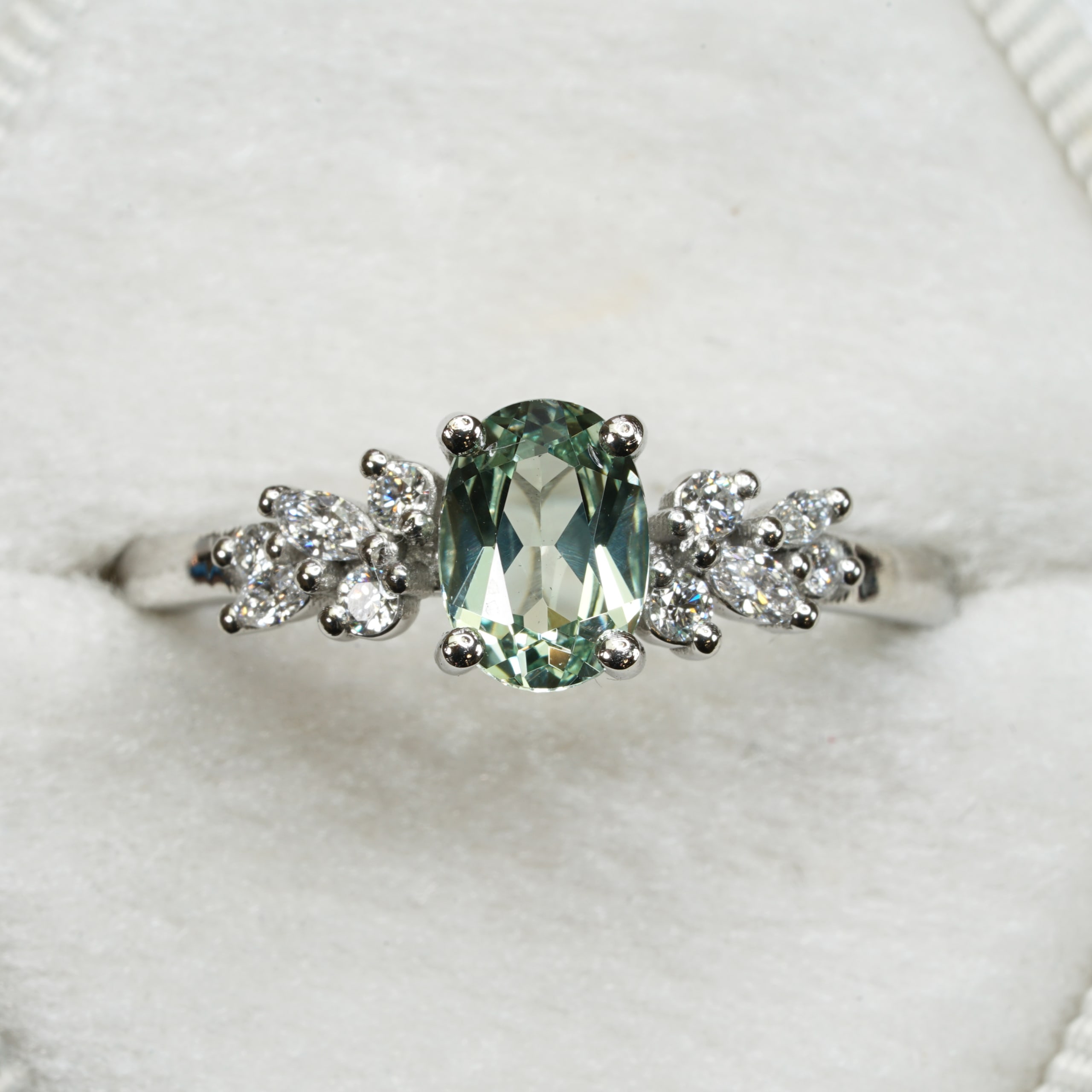 Lab seafoam green sapphire and diamond ring