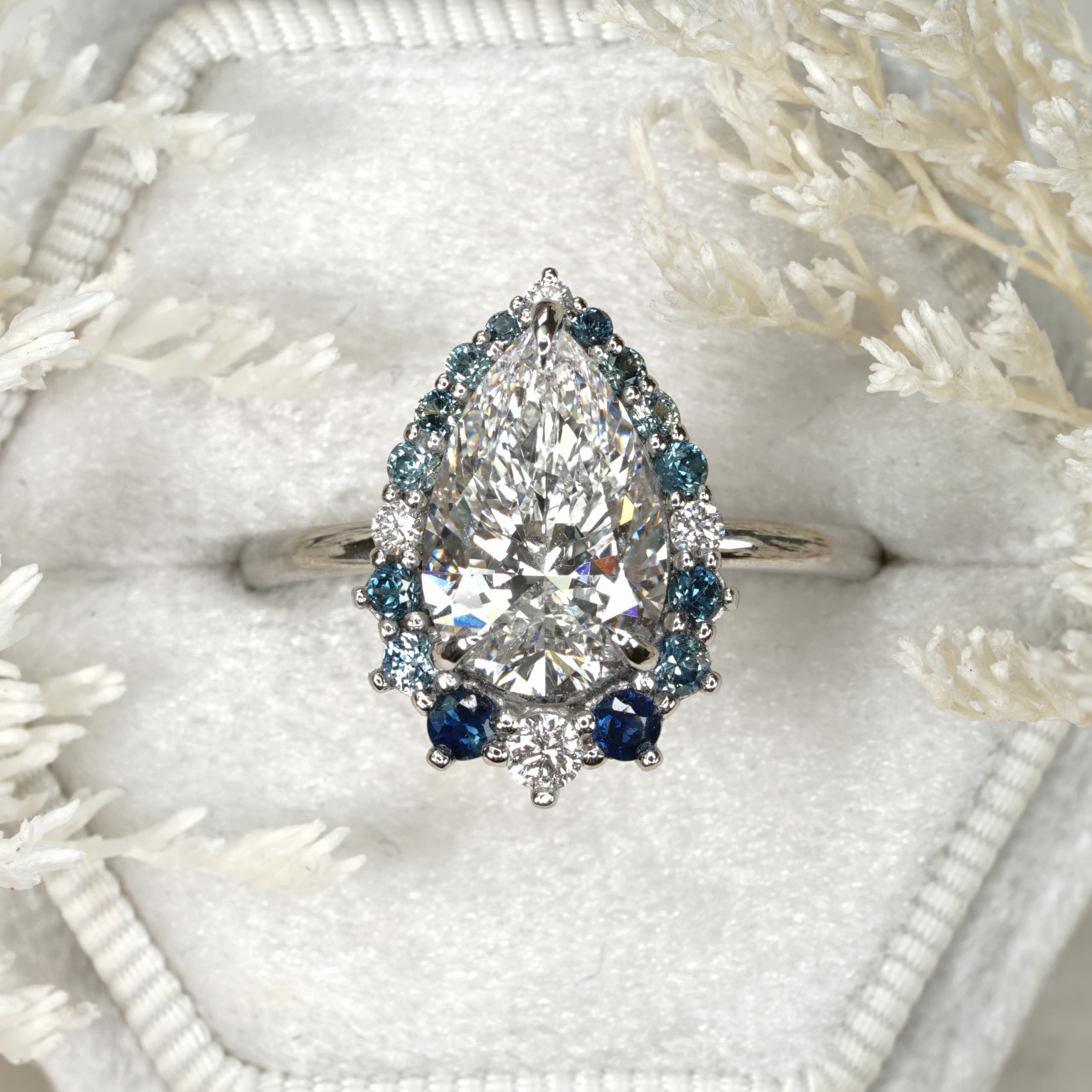 Pear diamond and sapphire halo ring — 1