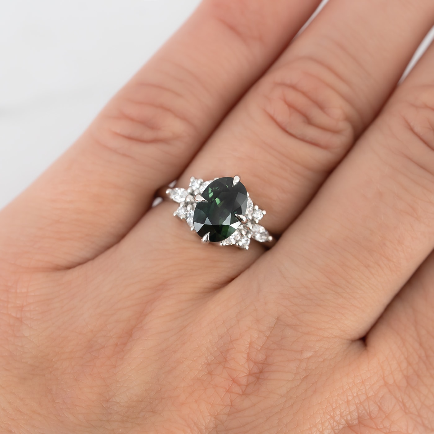 Smoky teal sapphire and diamond cluster ring — 4