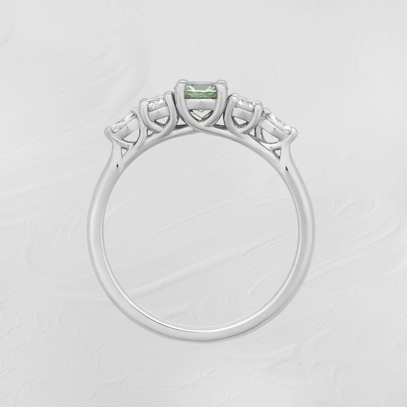 Precision cut seafoam green sapphire and diamond trellis ring  — 2
