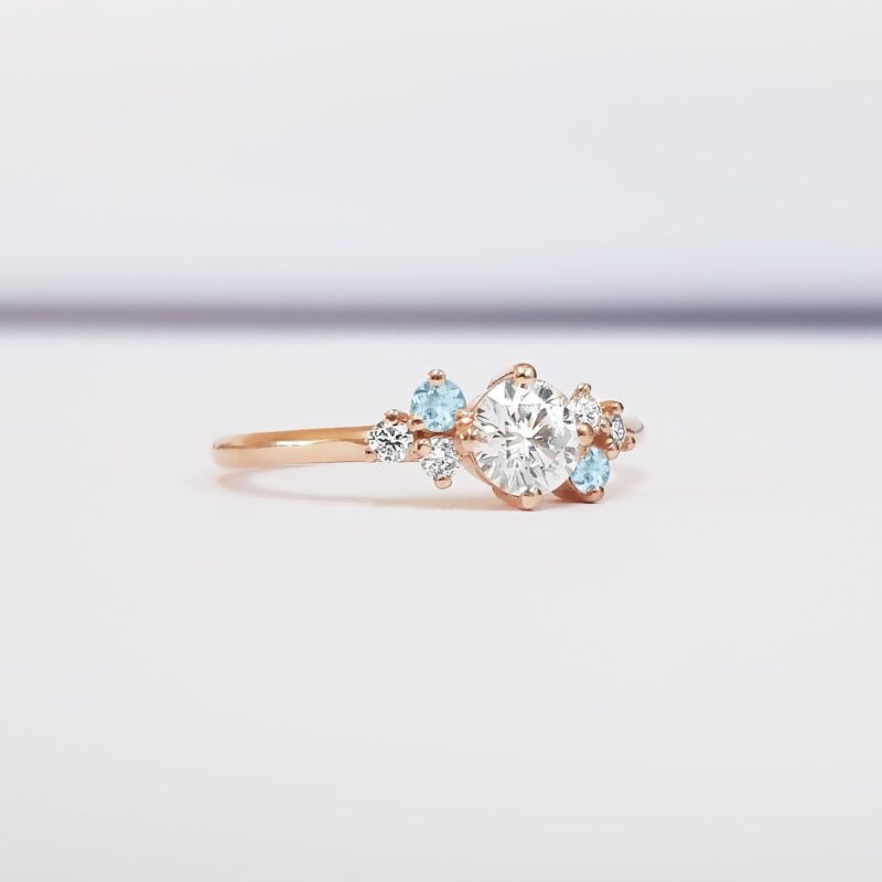 Moissanite, aquamarine and diamond cluster engagement ring  — 2