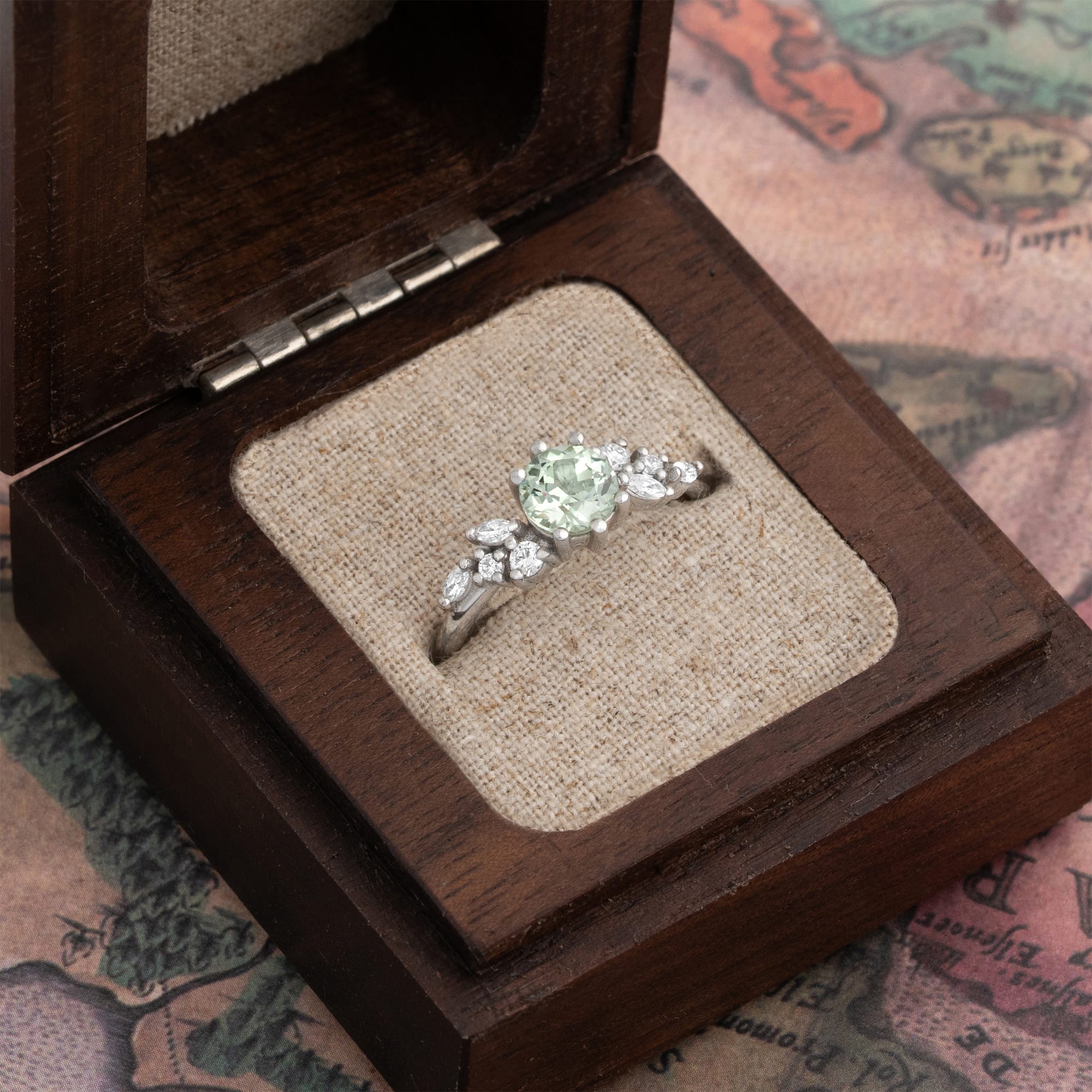Lab grown seafoam green sapphire and diamond ring — 3