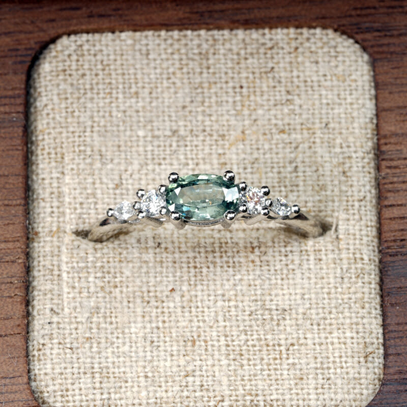 Oval seafoam green sapphire and diamond 5 stone ring — 3