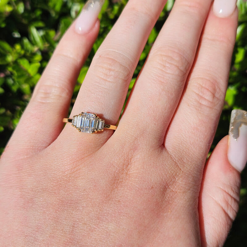 'Heloise' Emerald cut moissanite and baguette diamond engagement ring - alternate view