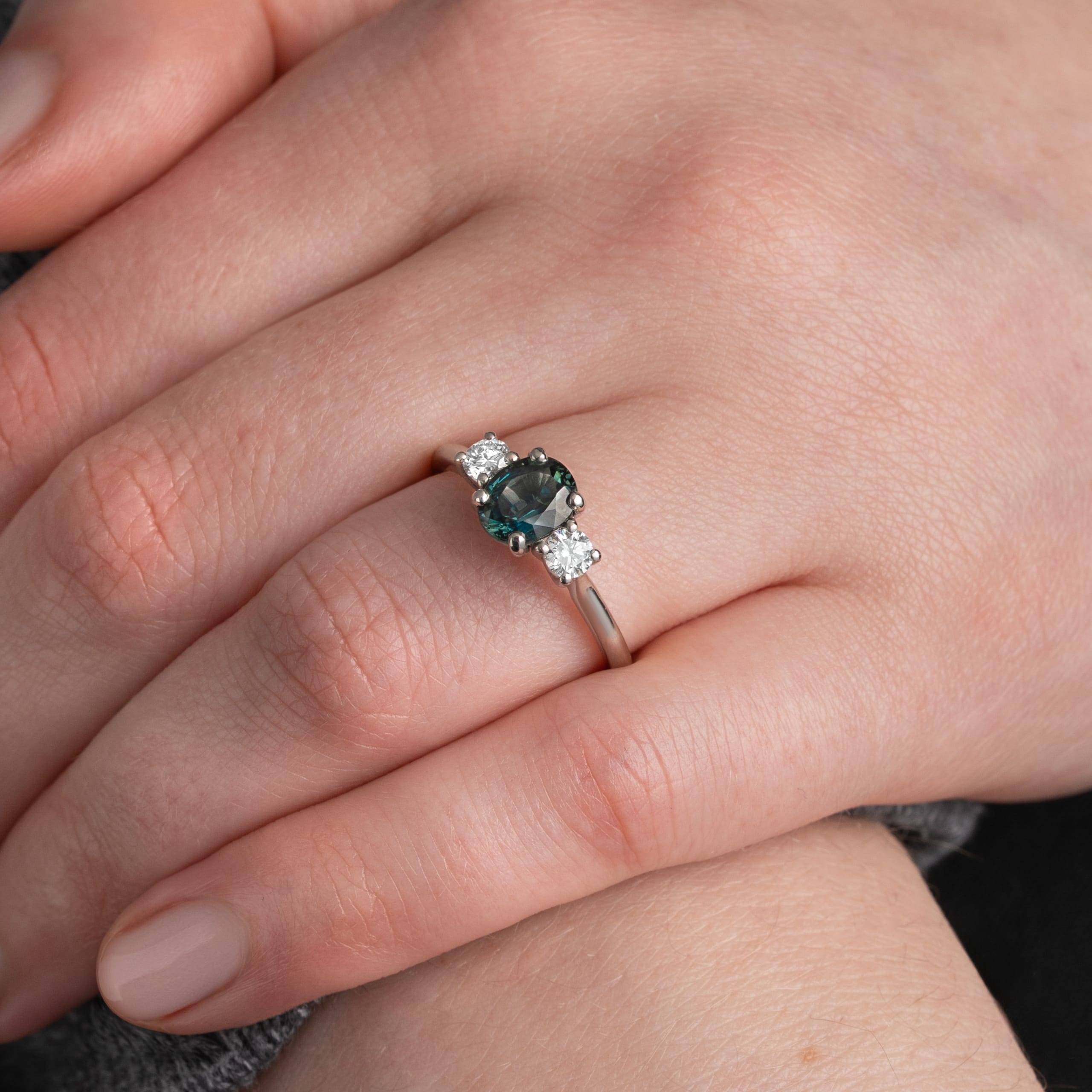 Teal sapphire and diamond trilogy ring — 4