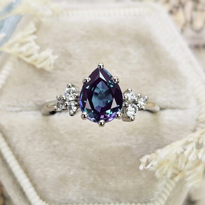 Pear lab grown alexandrite and diamond cluster ring in platinum — 1