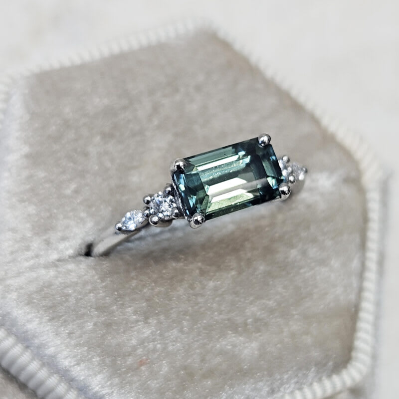 Emerald cut teal sapphire and diamond 5 stone ring — 4