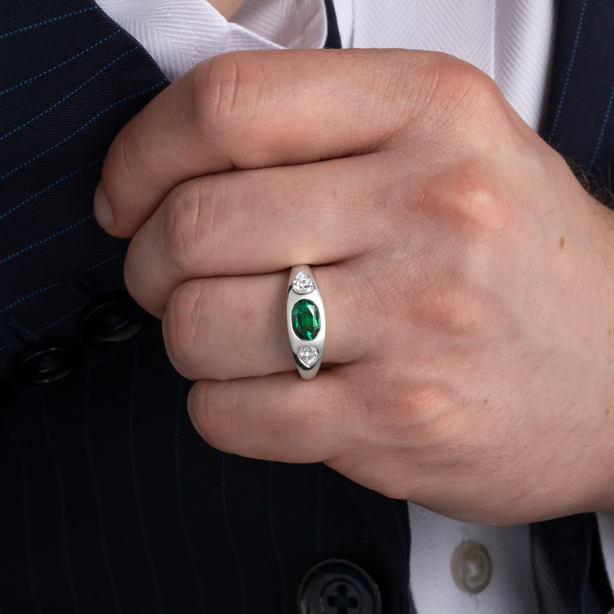 Lab Emerald and diamond bezel set ring  - alternate view