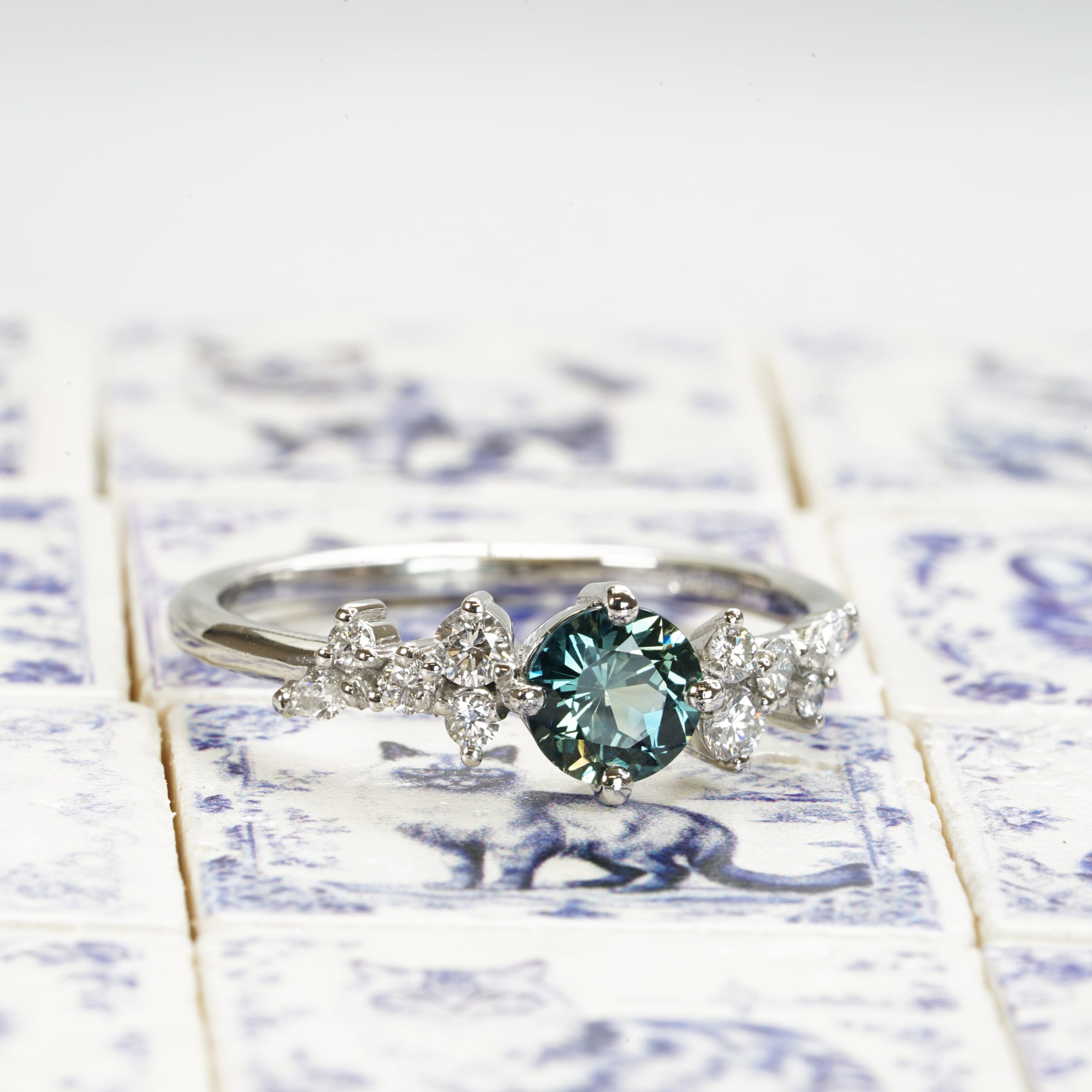 Ocean teal precision cut sapphire and diamond floral ring — 3