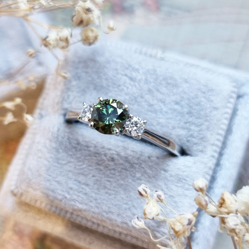 Lab grown forest green diamond trilogy ring in platinum — 3