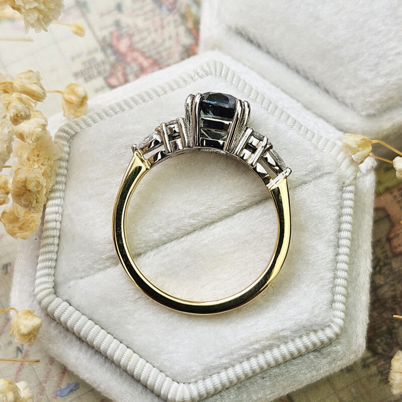 Cushion cut teal sapphire and lab grown diamond ring — 5