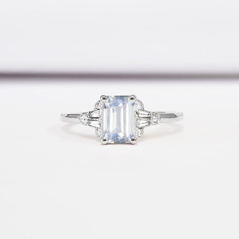 Emerald cut moonstone and diamond  engagement ring 