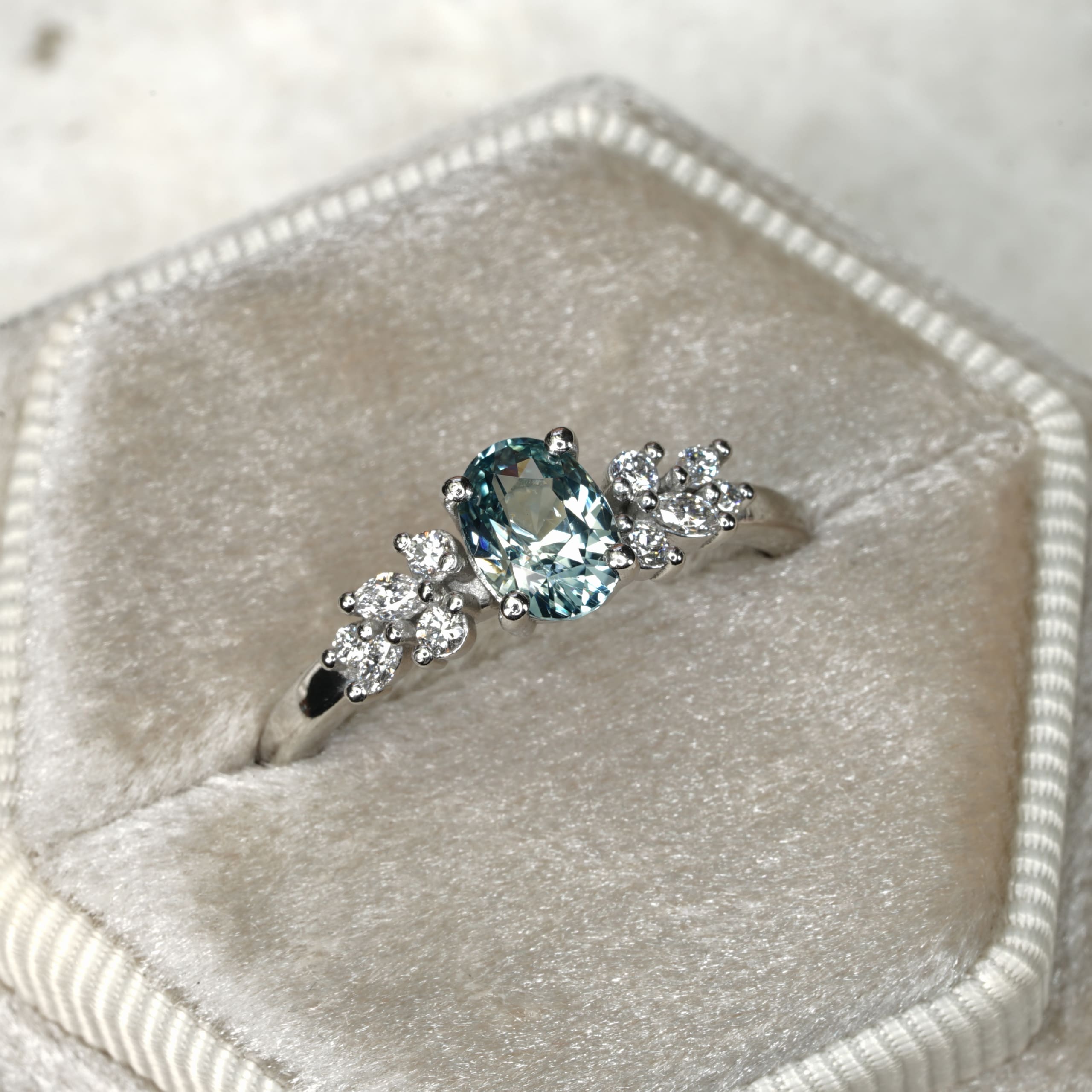 Icy teal sapphire and diamond floral ring — 2