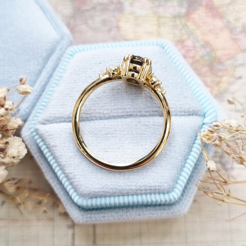 Midnight grey oval moissanite and diamond floral ring — 2
