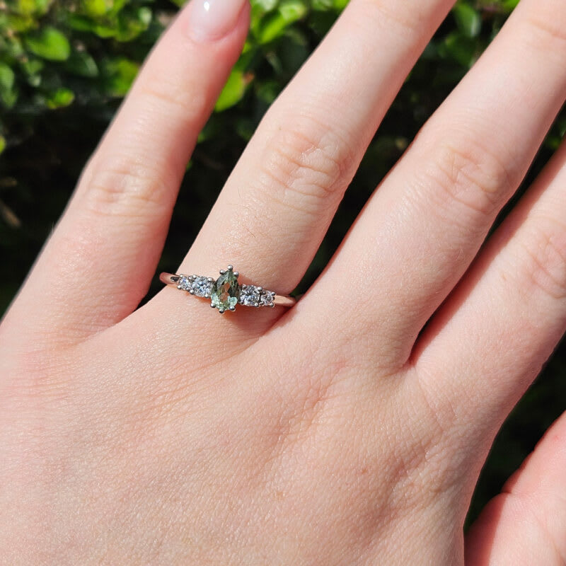 Pear lab grown seafoam green sapphire and diamond 5 stone engagement ring — 2