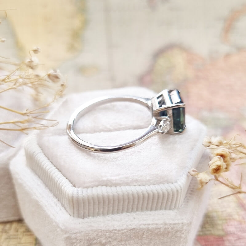 Emerald cut teal sapphire and pear diamond trilogy ring — 5