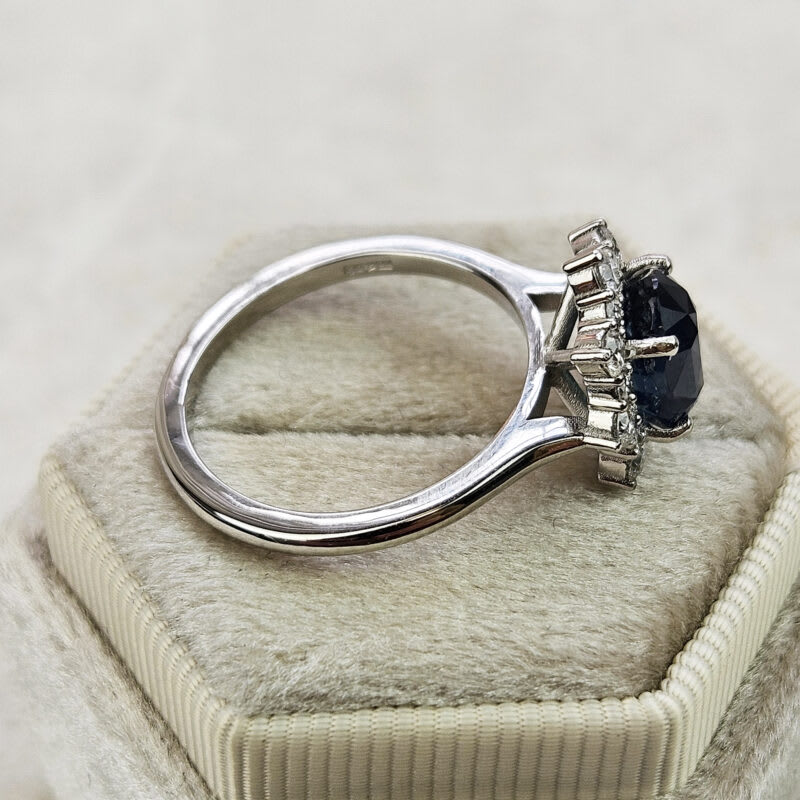Deep smoky teal sapphire and diamond halo ring — 5