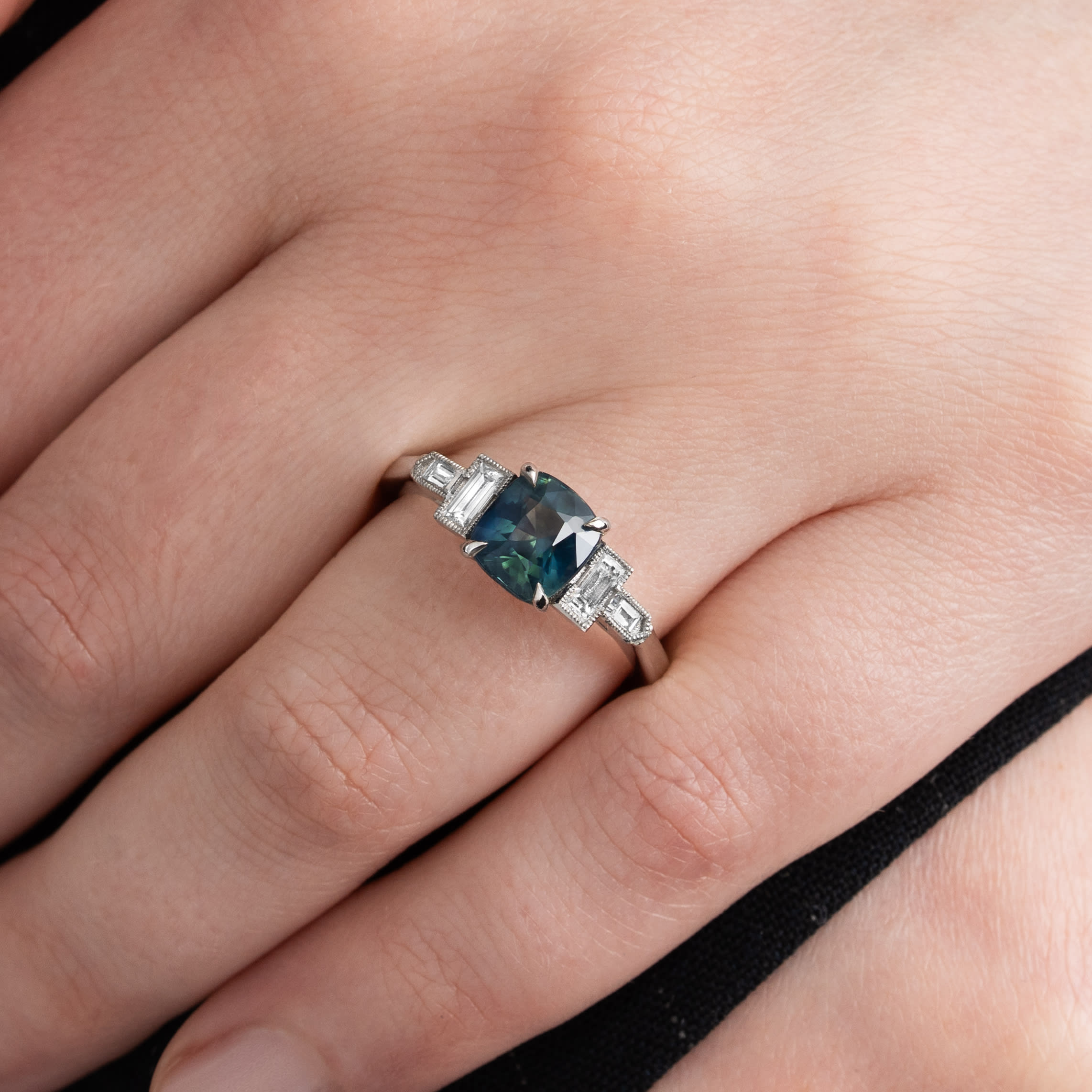 Cushion teal sapphire and baguette diamond ring — 4