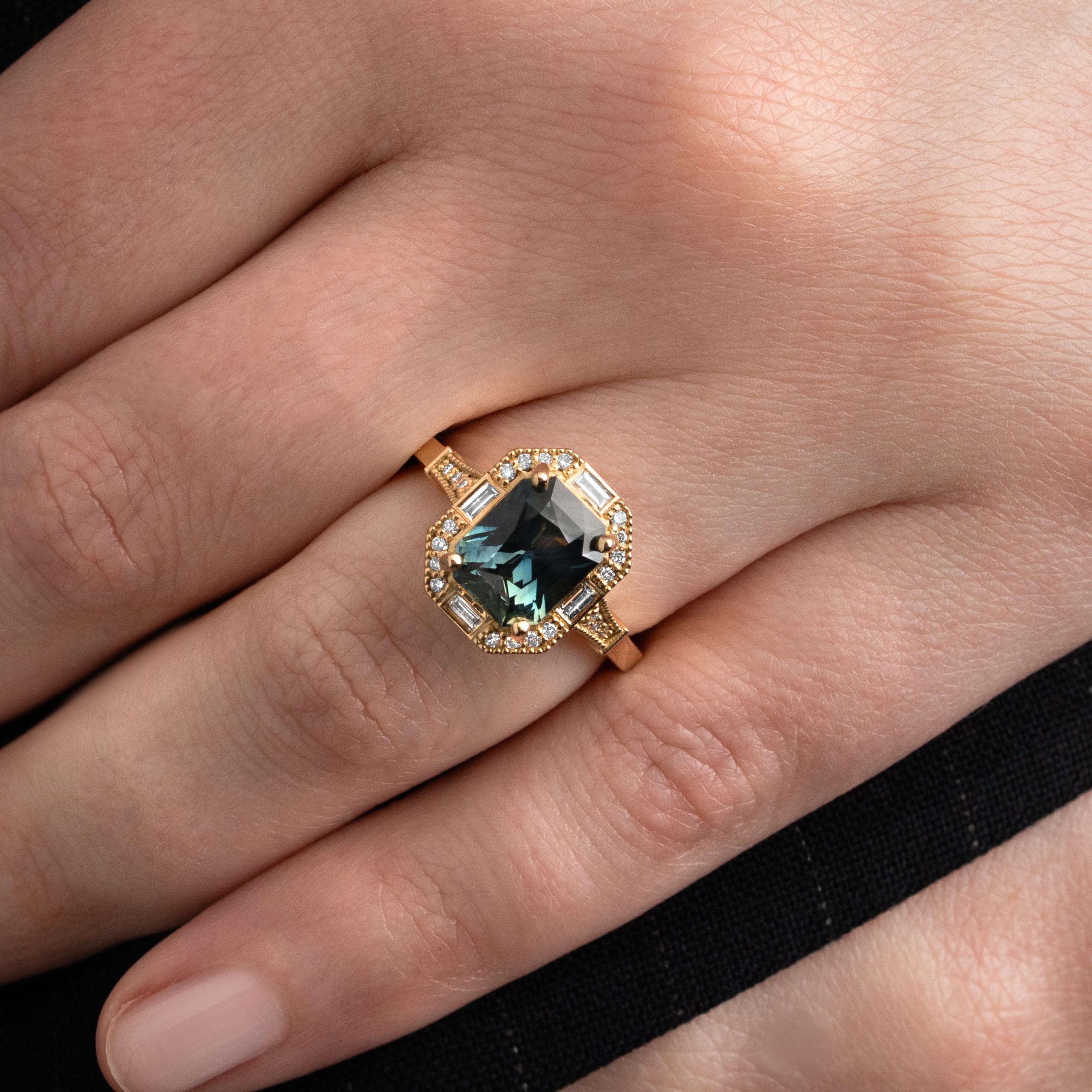 Antique inspired radiant teal sapphire and diamond ring — 4