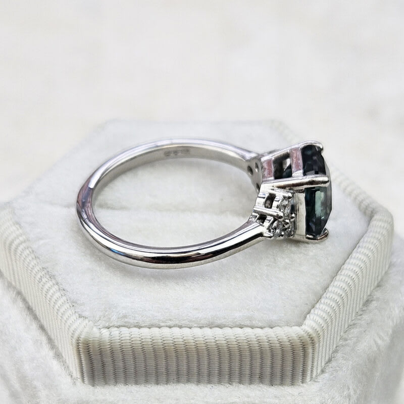 Icy teal sapphire and diamond ring in platinum — 3