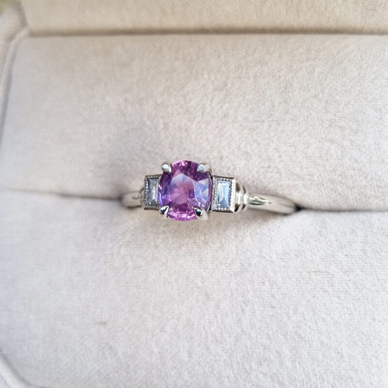 Cushion pink and purple sapphire and diamond art deco inspired ring — 3