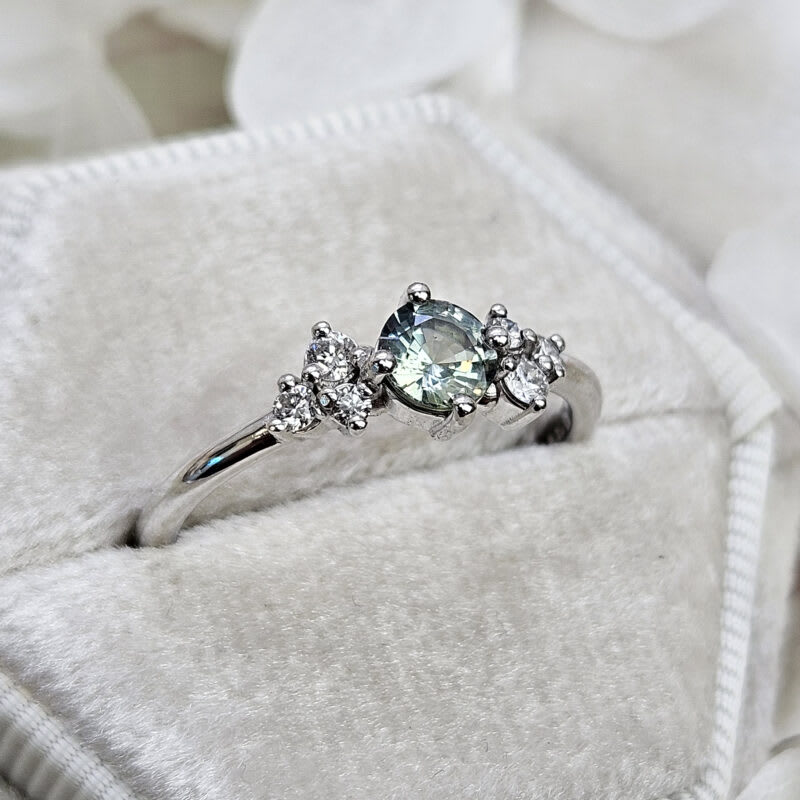 Lab seafoam sapphire and diamond cluster engagement ring — 6