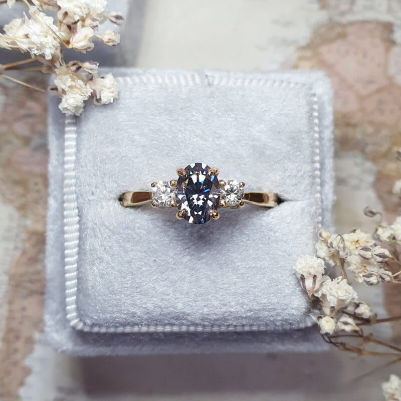 Midnight grey moissanite and diamond trilogy engagement ring — 1