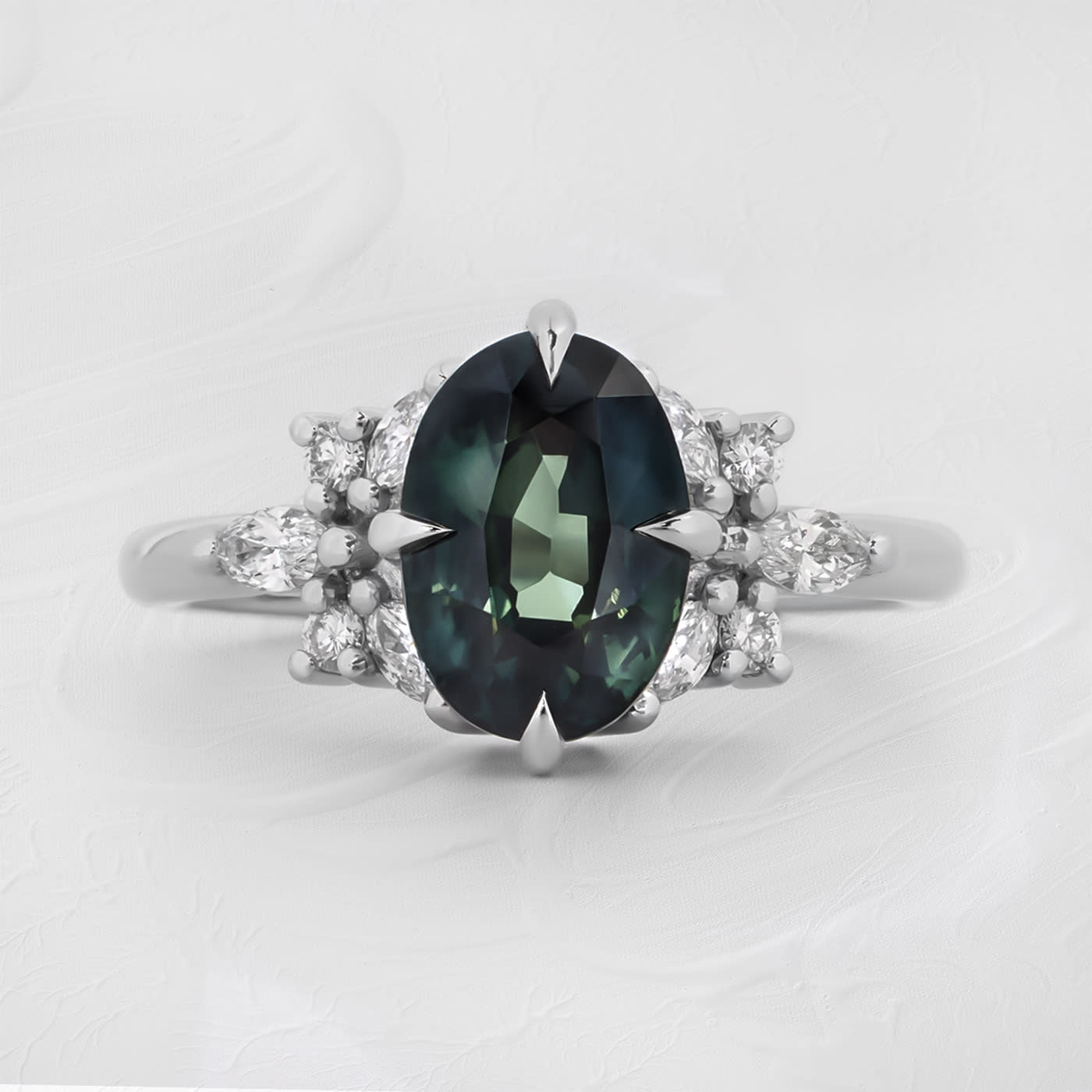 Smoky teal sapphire and diamond cluster ring — 1