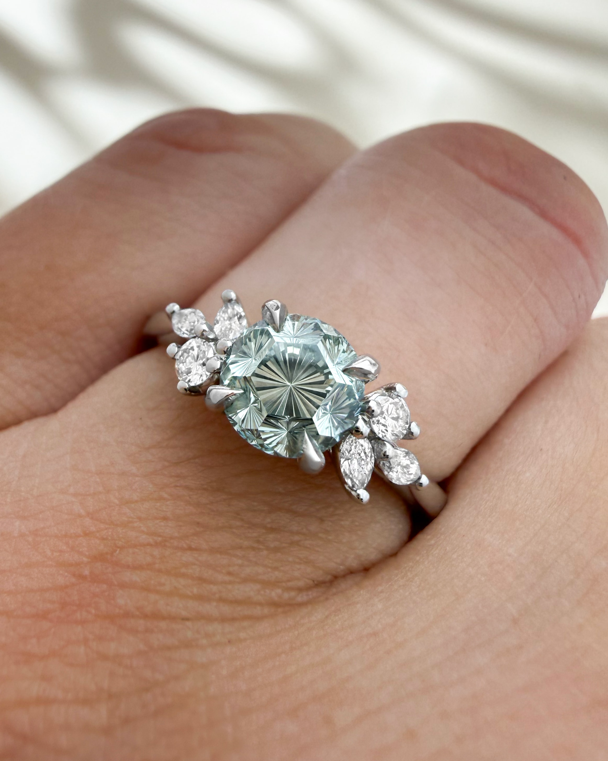 'Dawnflower' Unique seafoam green lab grown diamond ring — 2