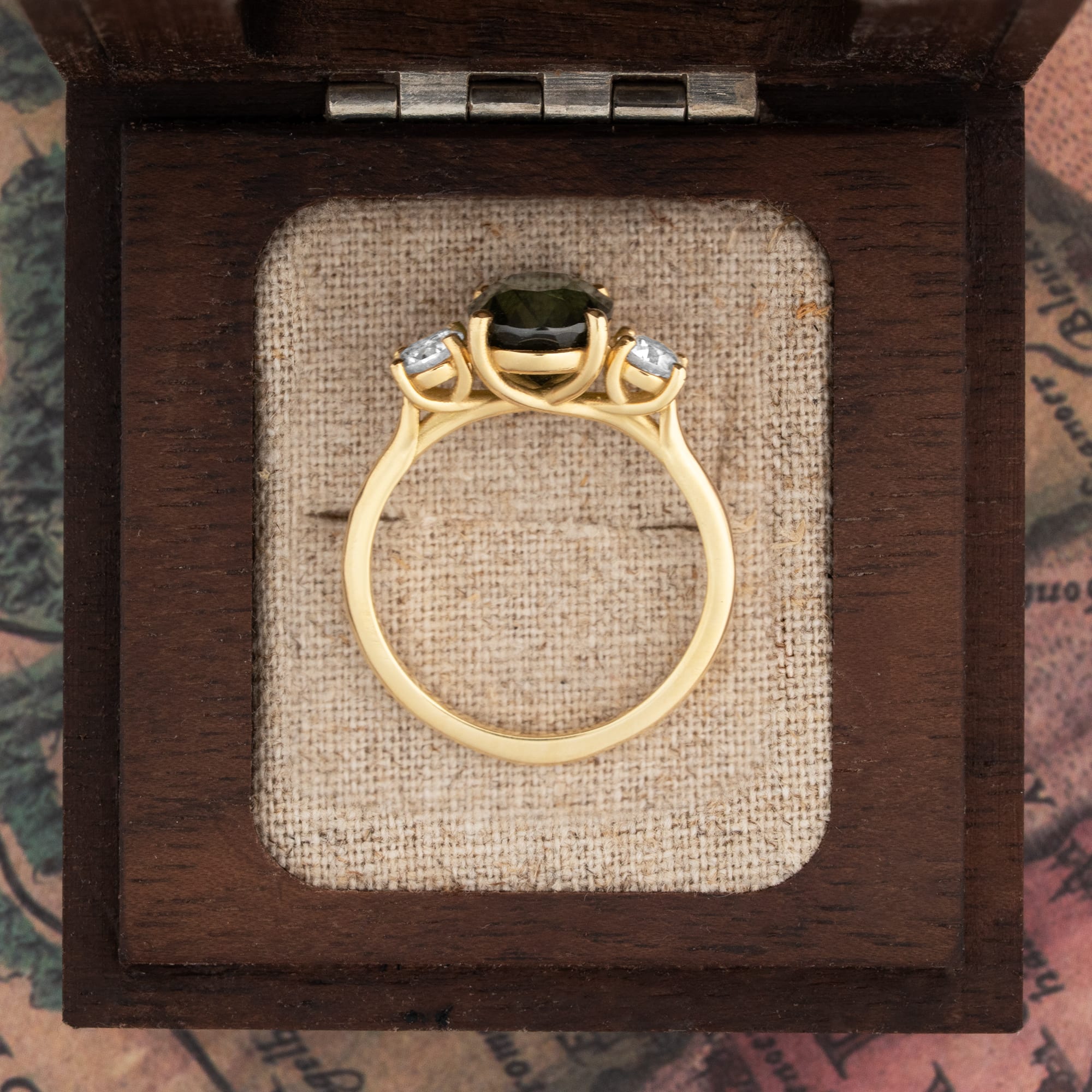 Smoky forest green sapphire and diamond trellis ring — 2