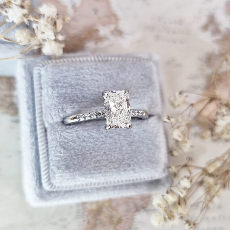 Radiant cut lab grown diamond hidden halo engagement ring — 5