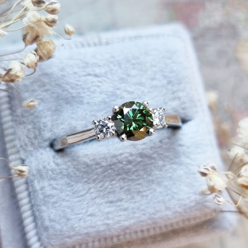Lab grown forest green diamond trilogy ring in platinum - alternate view