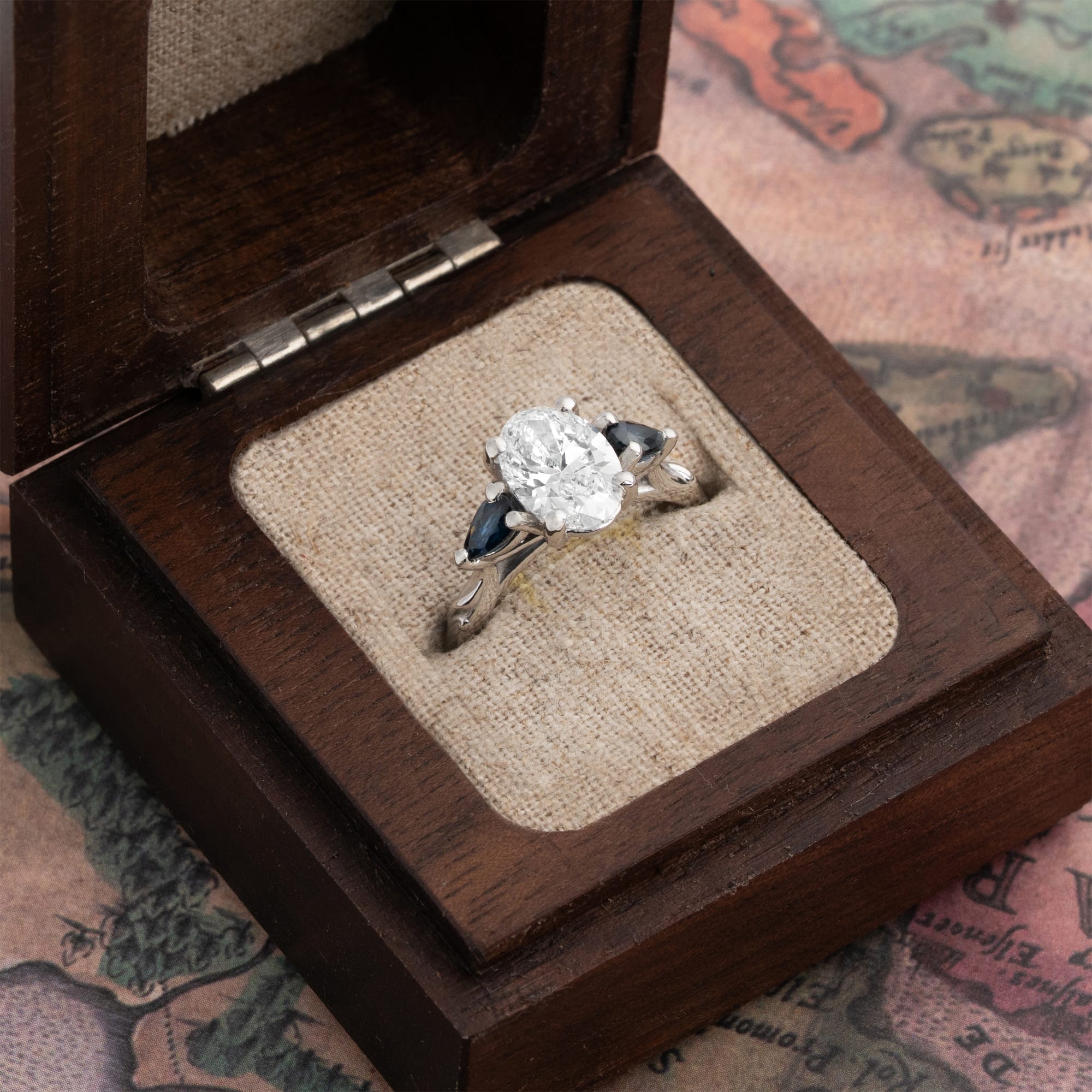"Leonora" Oval lab grown diamond and sapphire  ring handmade in platinum — 3