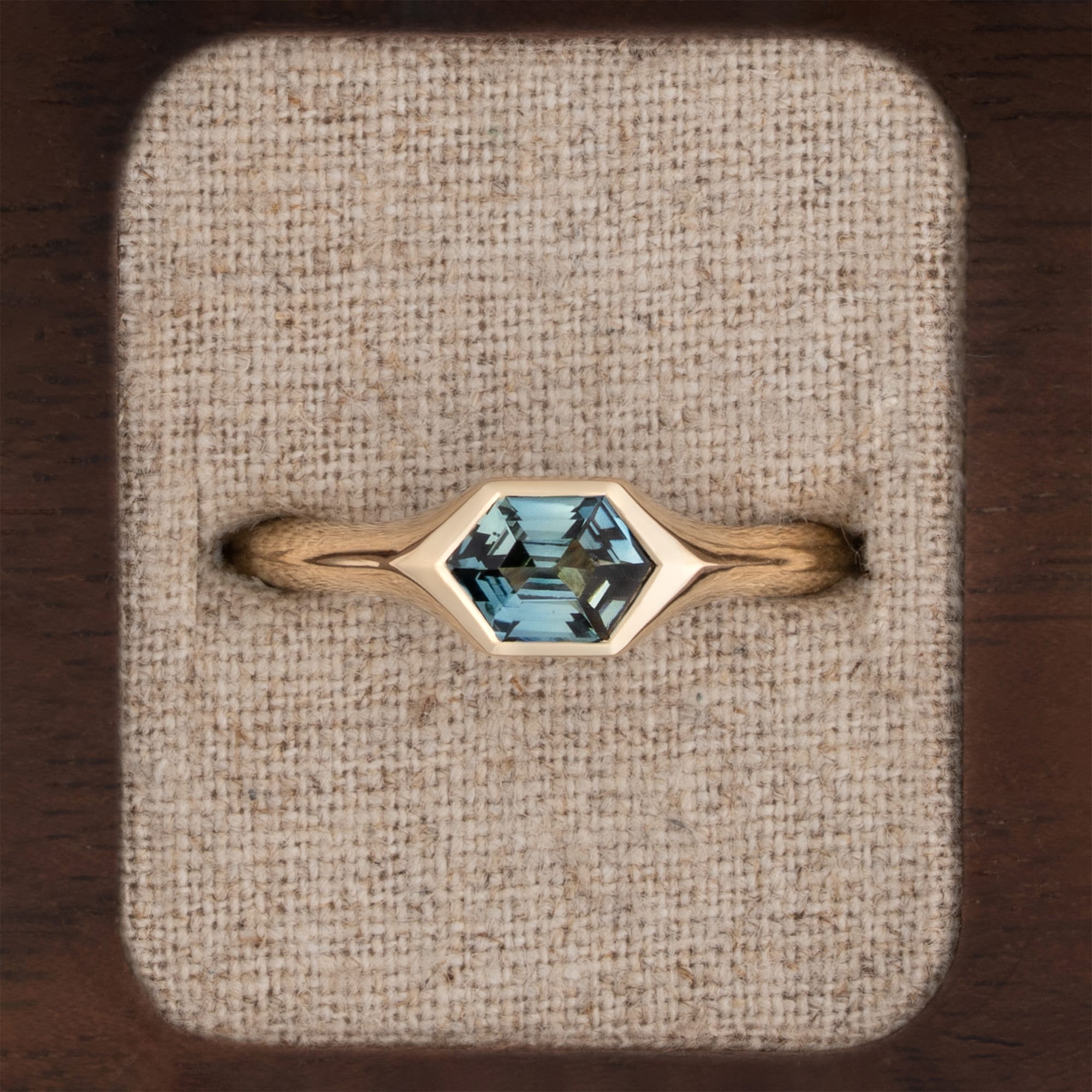 'Honeycomb' Hexagon teal sapphire ring