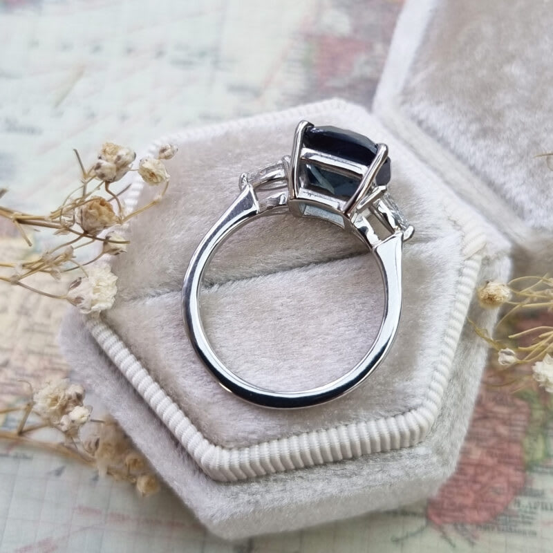 Cushion teal sapphire and diamond trilogy ring in platinum — 4