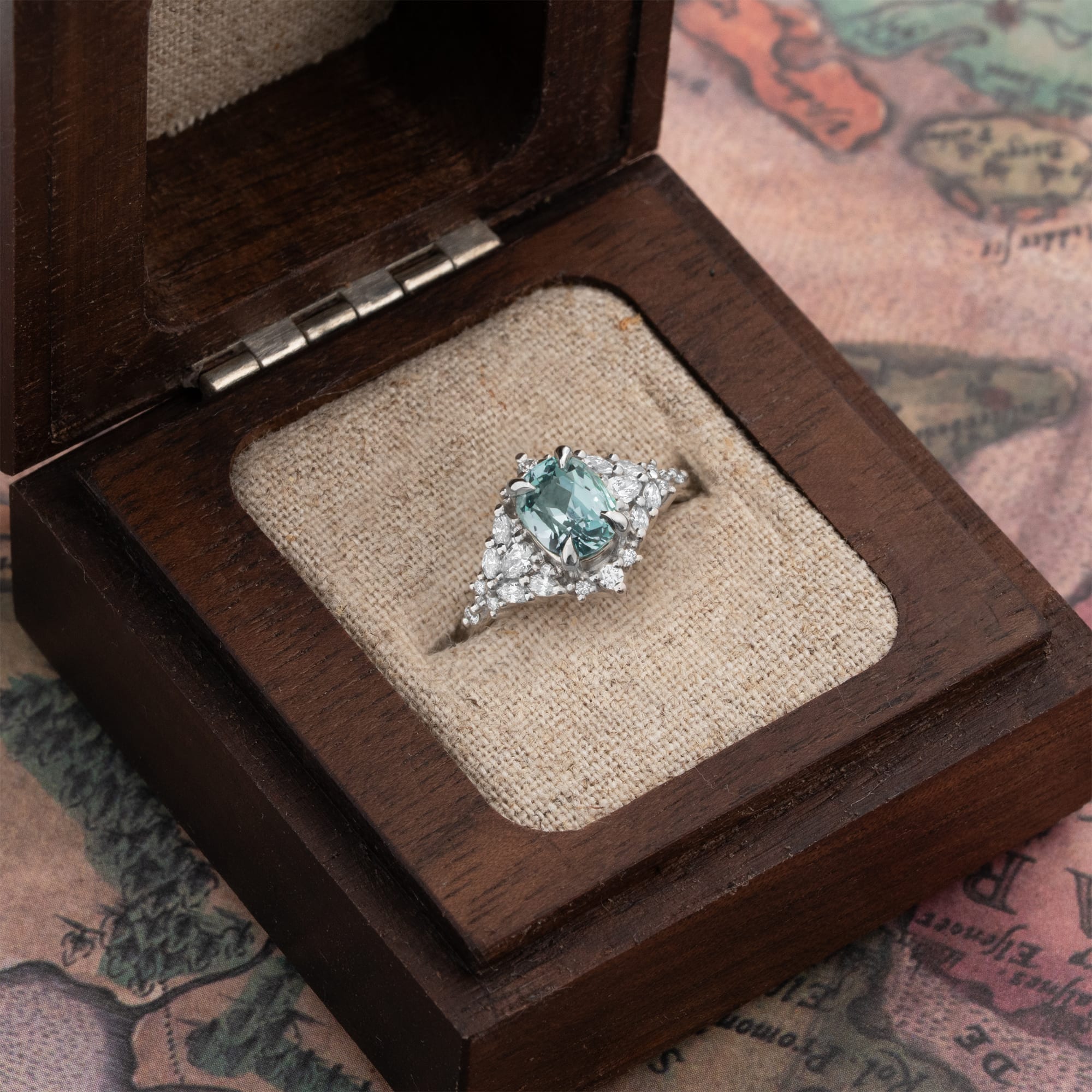 'Meadow' Icy teal sapphire and diamond ring - alternate view