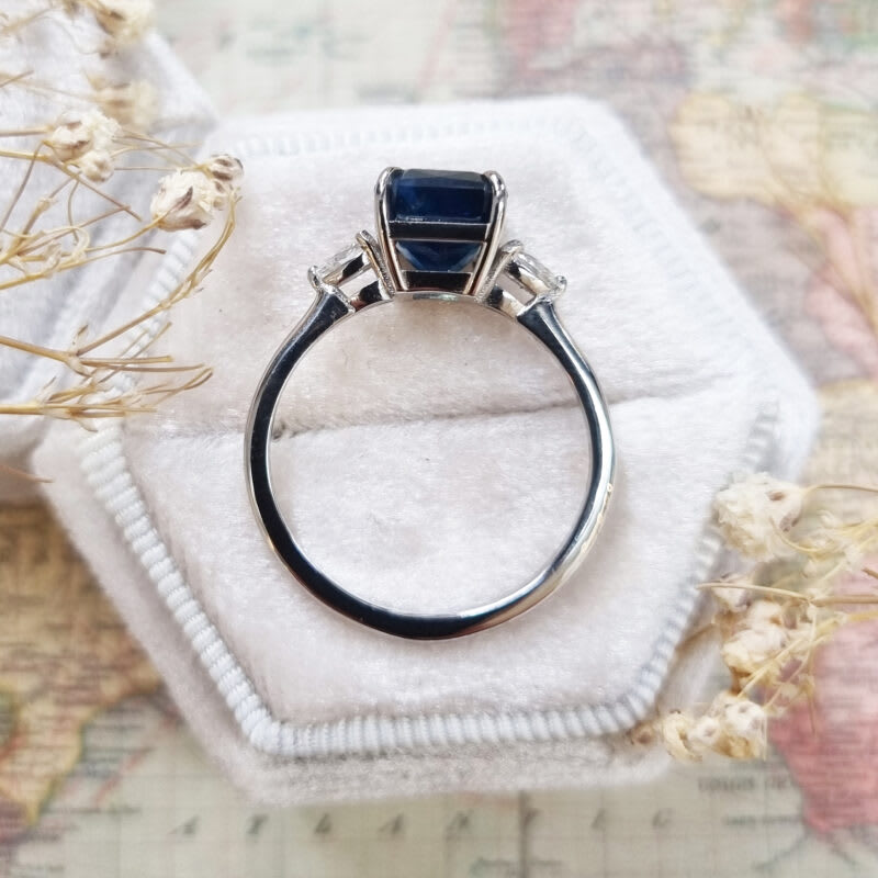 Emerald cut teal sapphire and pear diamond trilogy ring — 4