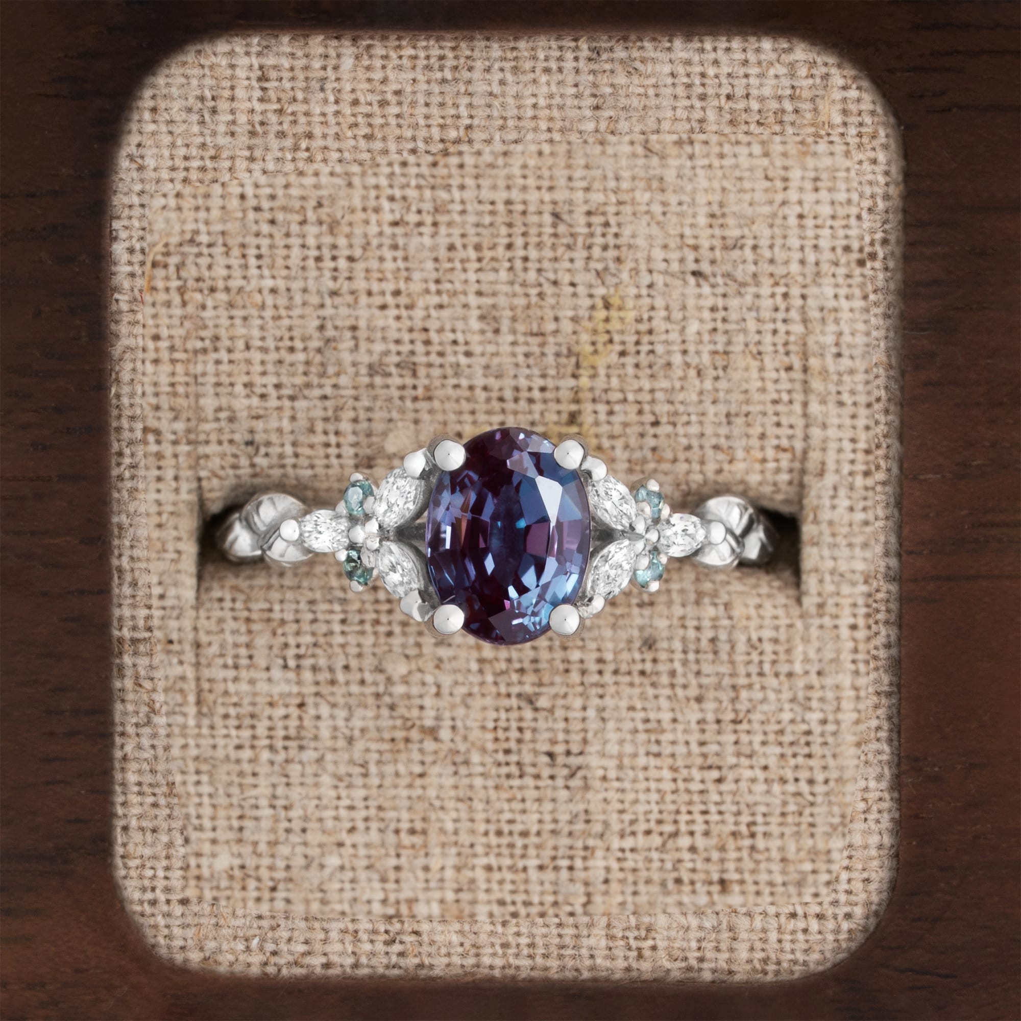'Roselle' Lab alexandrite and diamond floral ring 