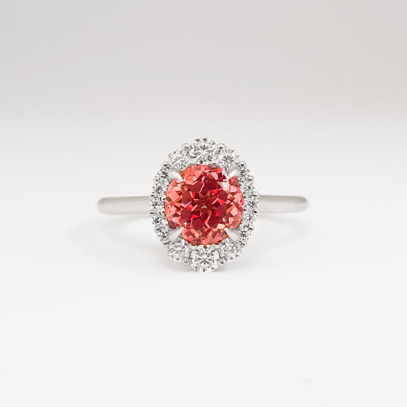 Padparadscha sapphire and moissanite halo ring — 1