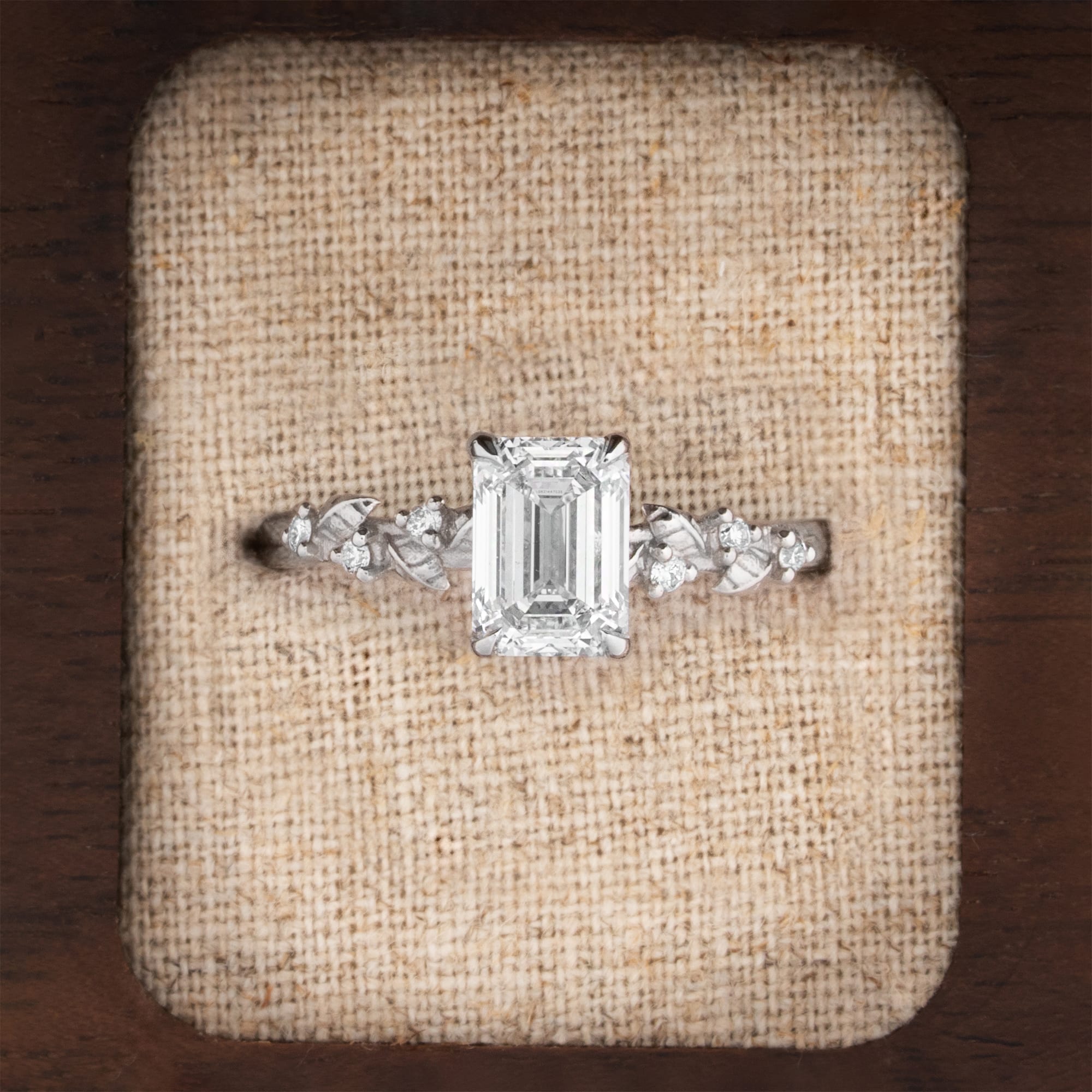 Emerald cut diamond nature inspired ring