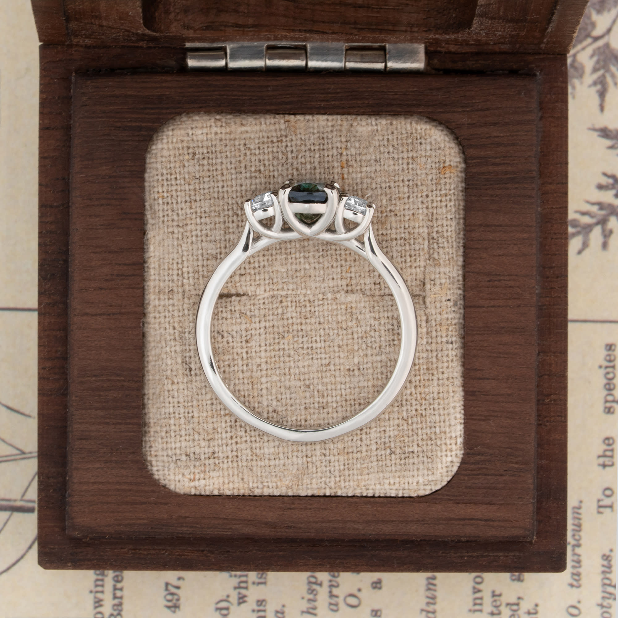 Teal sapphire and diamond trilogy ring — 3