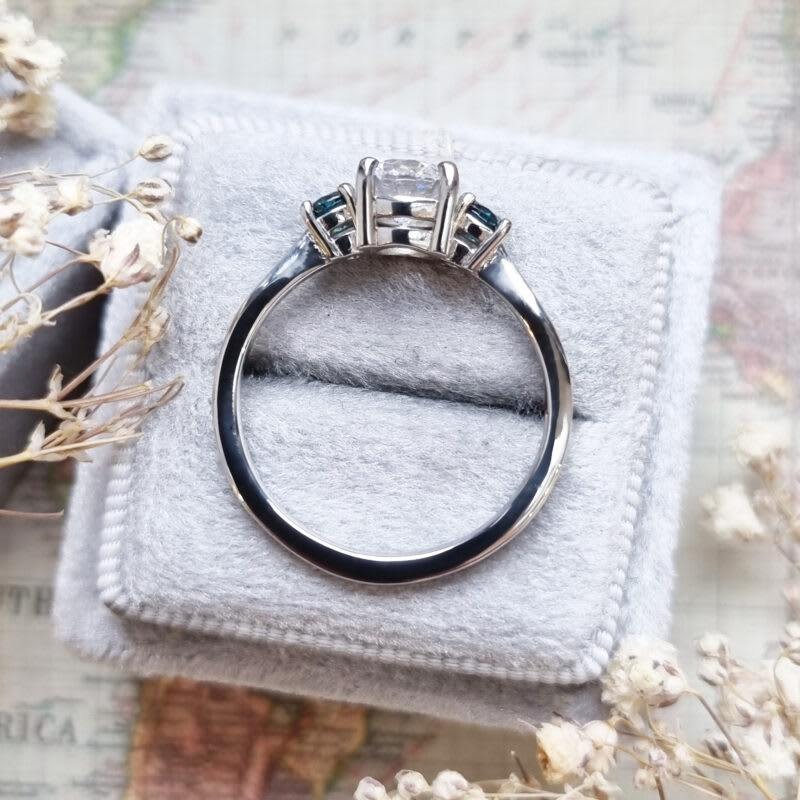 Lab grown teal diamond trilogy ring in platinum — 4