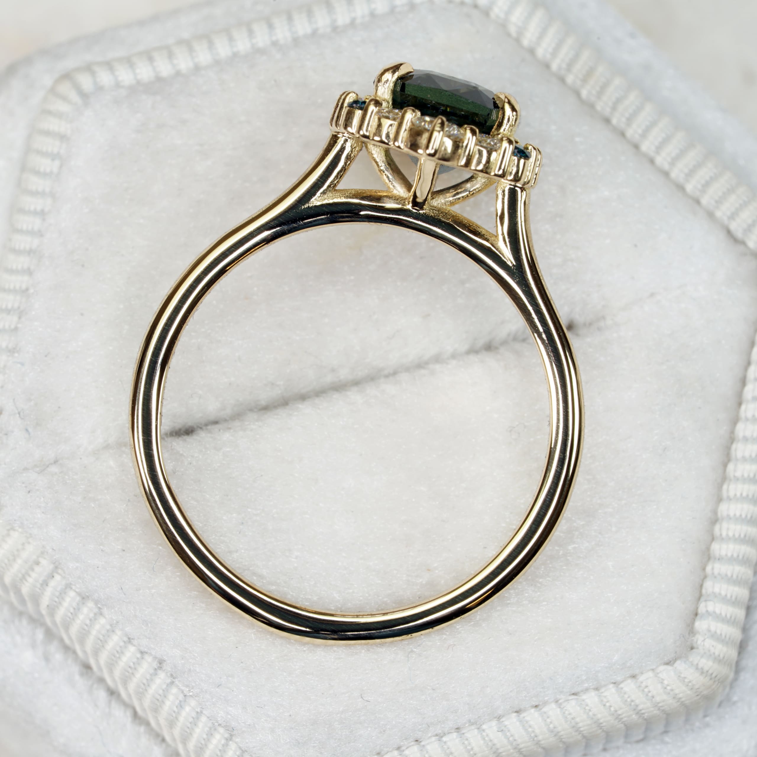 Radiant teal sapphire and diamond halo ring — 3