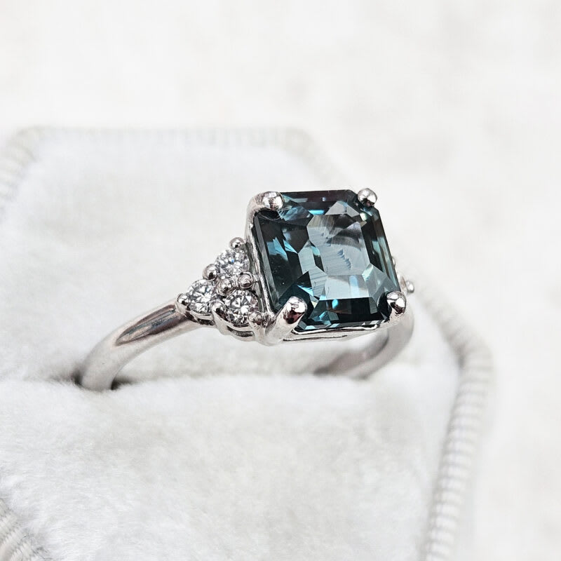 Icy teal sapphire and diamond ring in platinum — 2