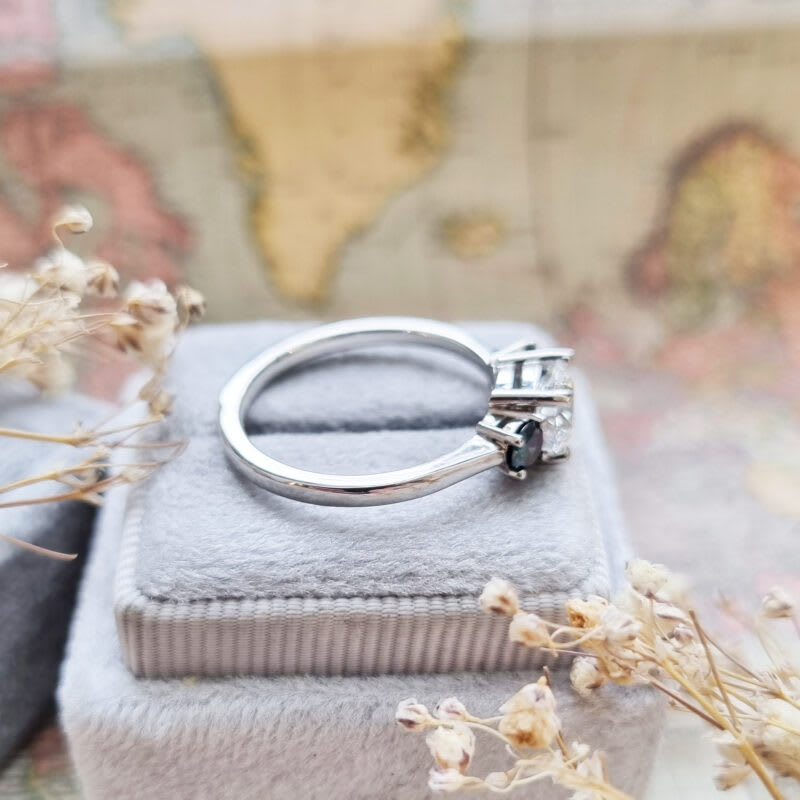 Lab grown teal diamond trilogy ring in platinum — 5