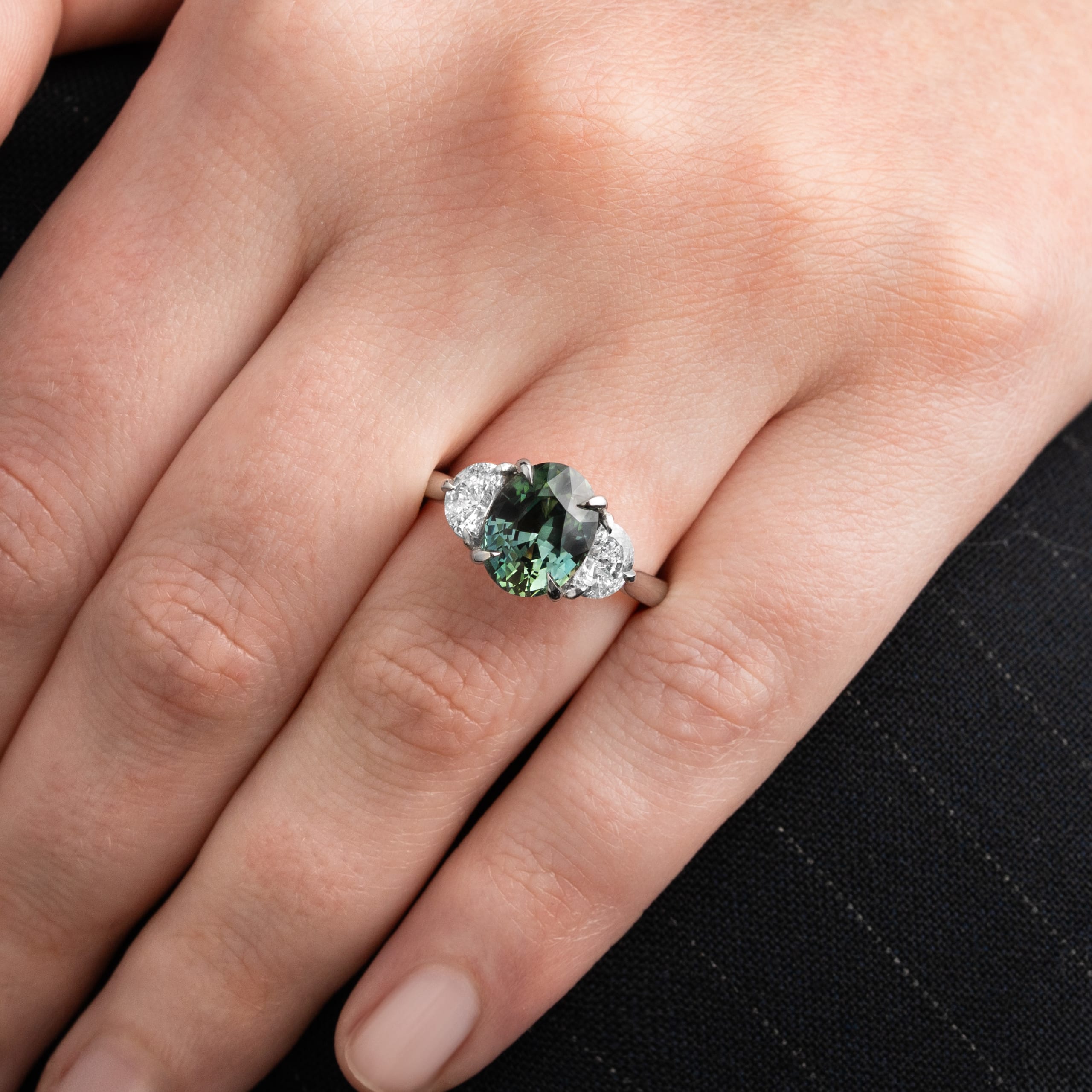 Teal sapphire and half moon diamond ring — 2
