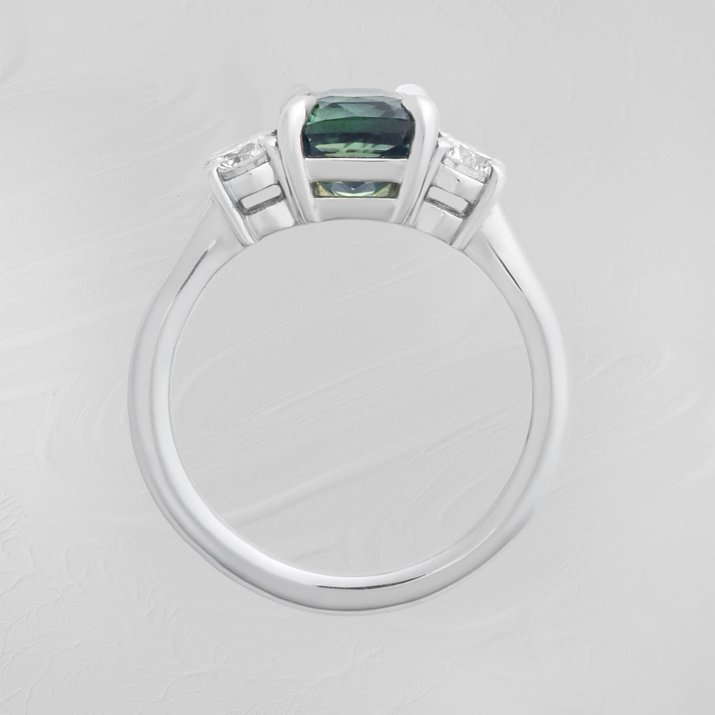 Radiant cut teal sapphire and diamond trilogy ring — 2